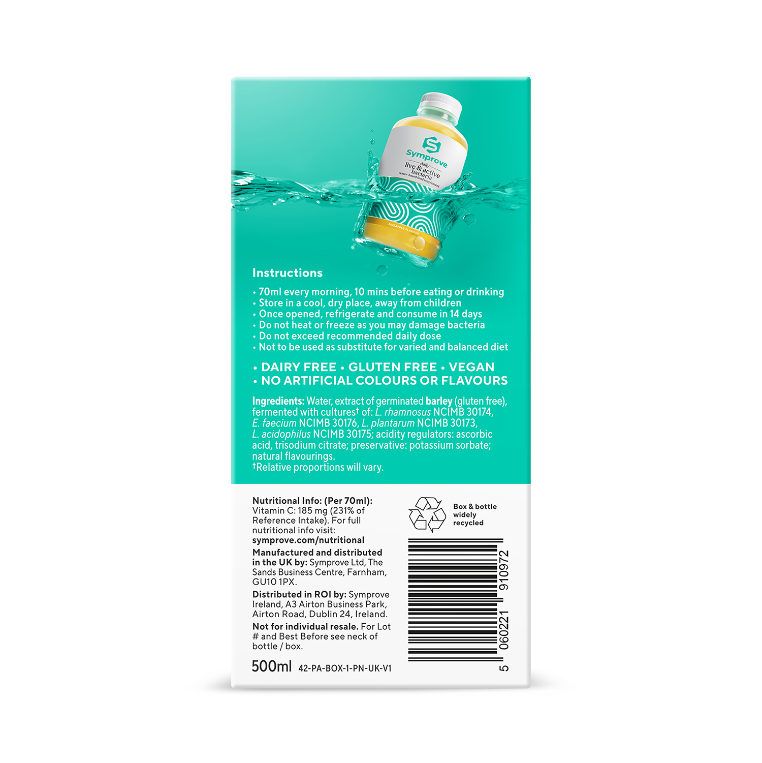 Symprove live bacteria supplement pineapple flavour 500ml, imported from the UK