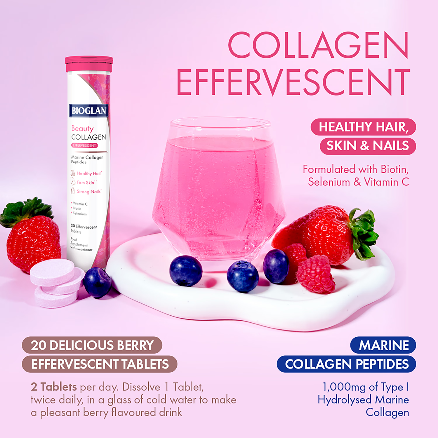 Bioglan beauty collagen effervescent tablets berry flavour 20 - British product