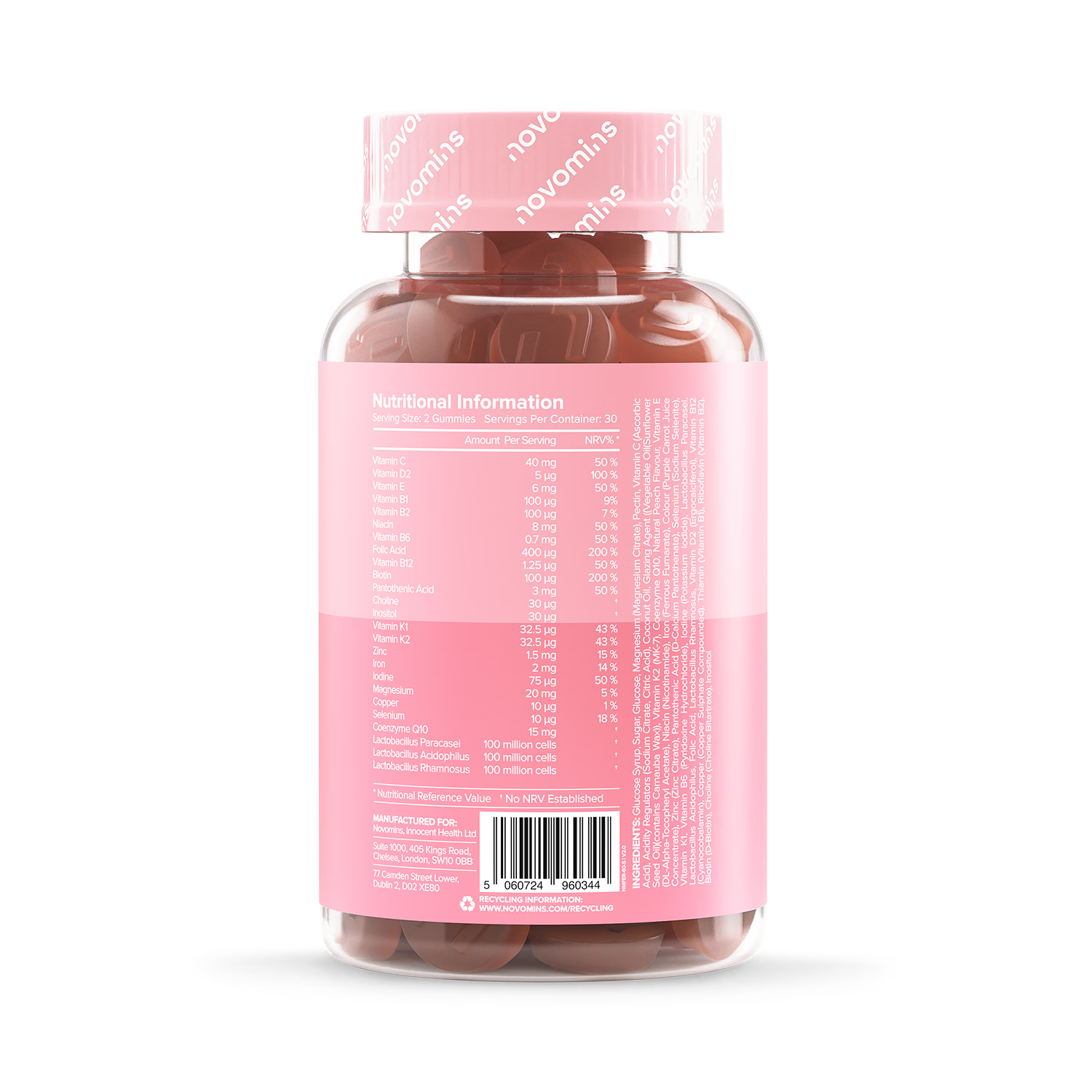 Novomins fertility gummies peach flavoured 60 count, imported from the UK
