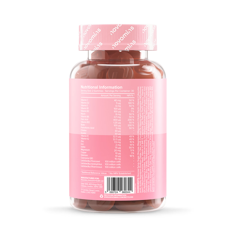 Novomins fertility gummies peach flavoured 60 count, imported from the UK