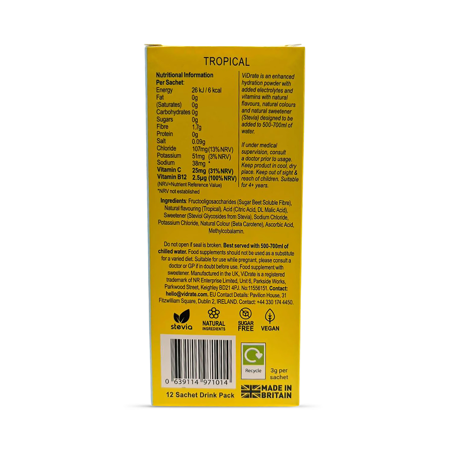 Vidrate tropical hydration sachets 12 pack, imported from the UK