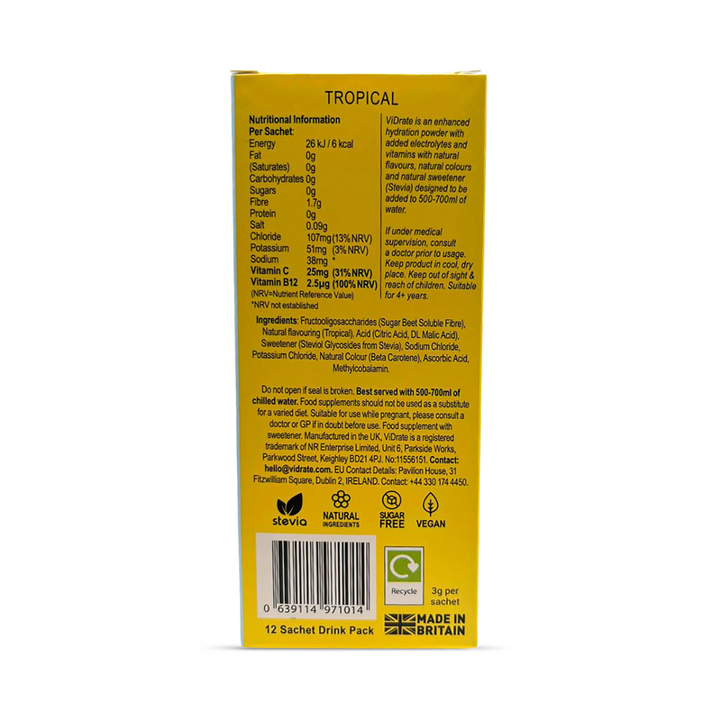 Vidrate tropical hydration sachets 12 pack, imported from the UK