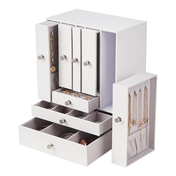 Livingandhome white faux leather jewellery box 8-drawer, UK version