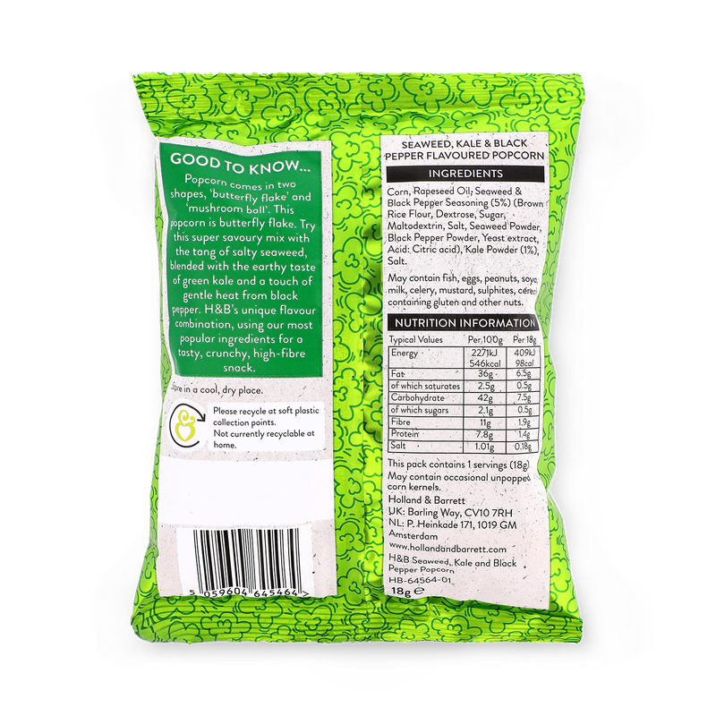 Holland & Barrett Popcorn Seaweed Kale Black Pepper 18g, UK version
