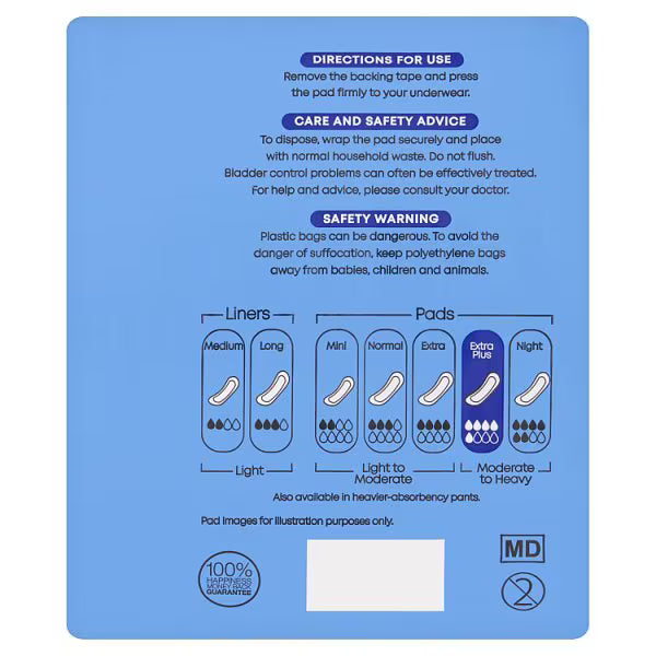 Superdrug Extra Plus incontinence pads 8 pack (British brand)