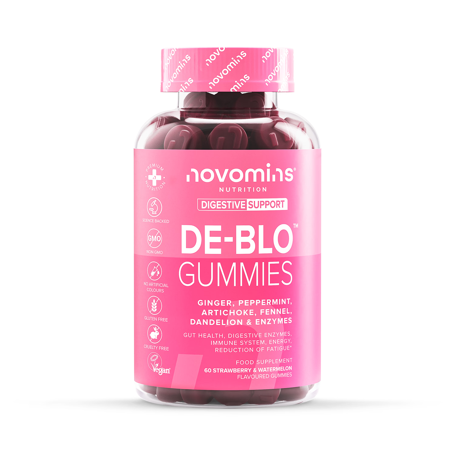 Novomins De-Bloat gummies Strawberry & Watermelon 60 count, UK version