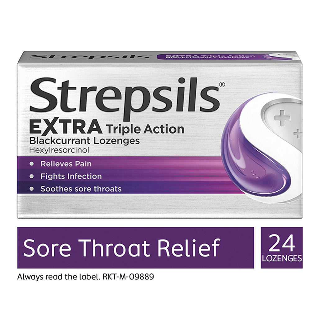 Strepsils Extra Triple Action Blackcurrant Sore Throat Cough Lozenges x24