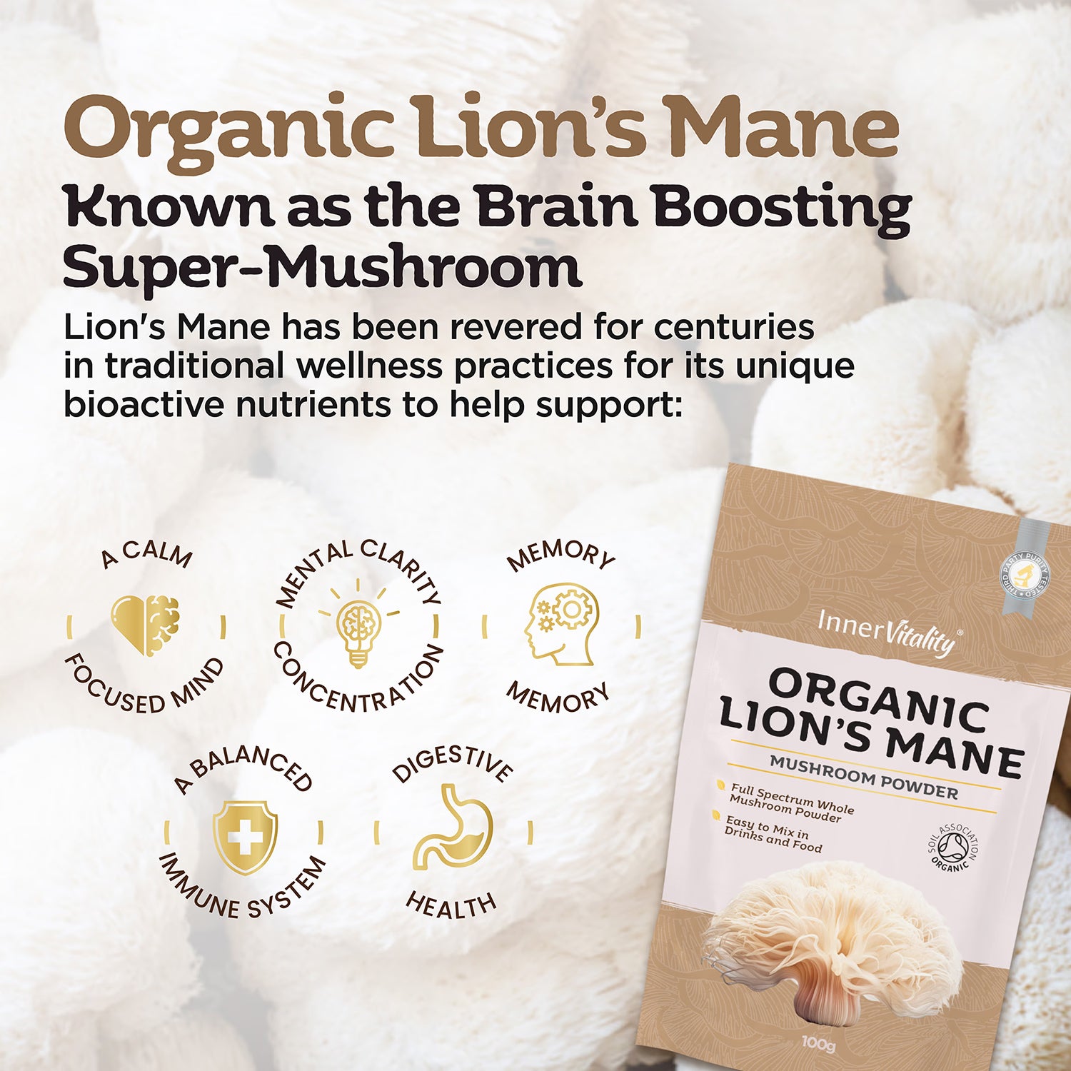Inner Vitality organic lions mane mushroom powder 100g, imported from the UK