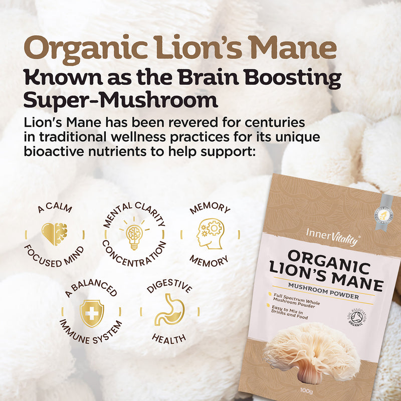 Inner Vitality organic lions mane mushroom powder 100g, imported from the UK