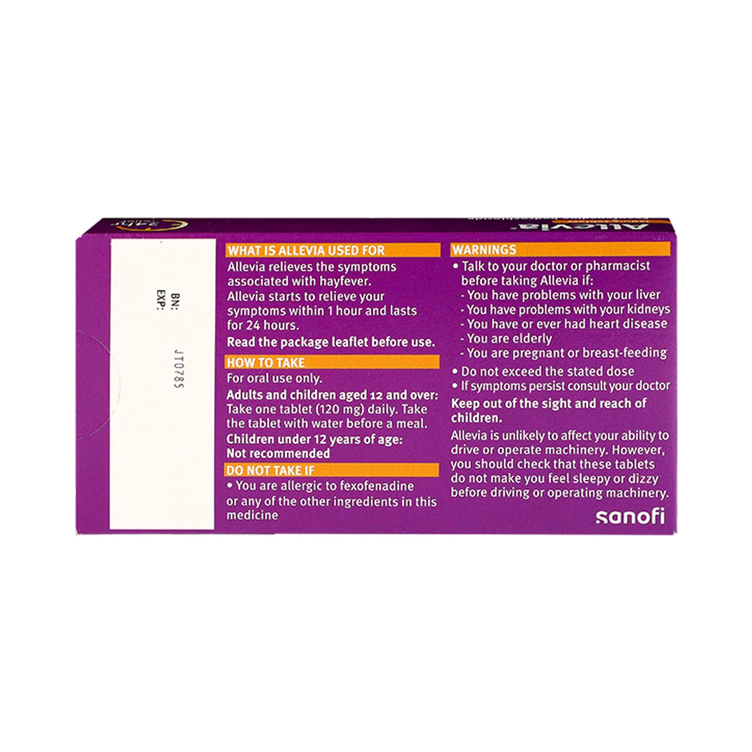 Allevia 120mg hayfever relief tablets 30 pack, UK version