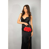 SVNX 3D rose satin clutch bag with chain strap in red, UK version