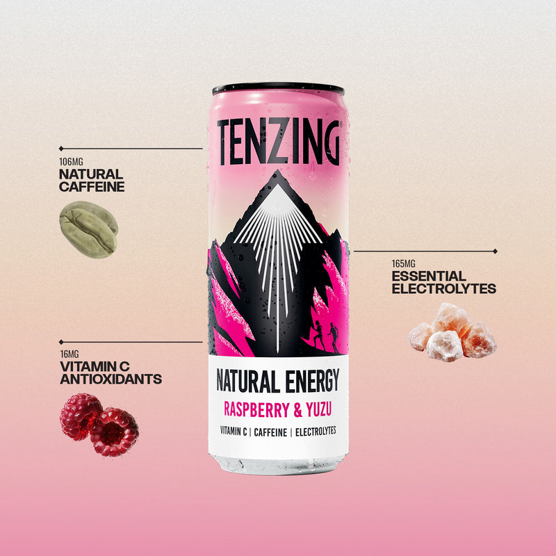 Tenzing natural energy drink raspberry and yuzu 330ml, imported from the UK