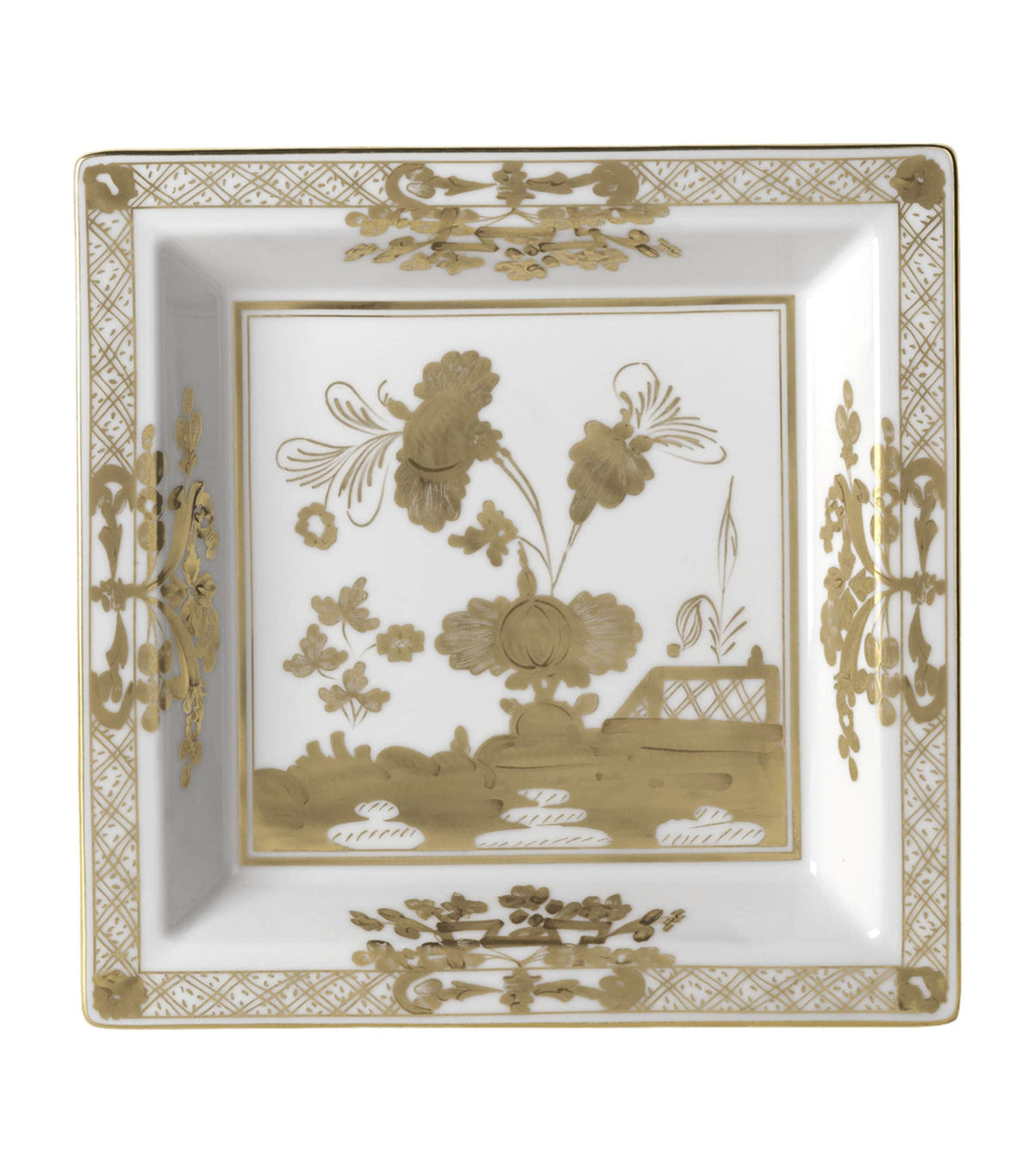 GINORI porcelain change tray with hand-painted gold florals, UK version