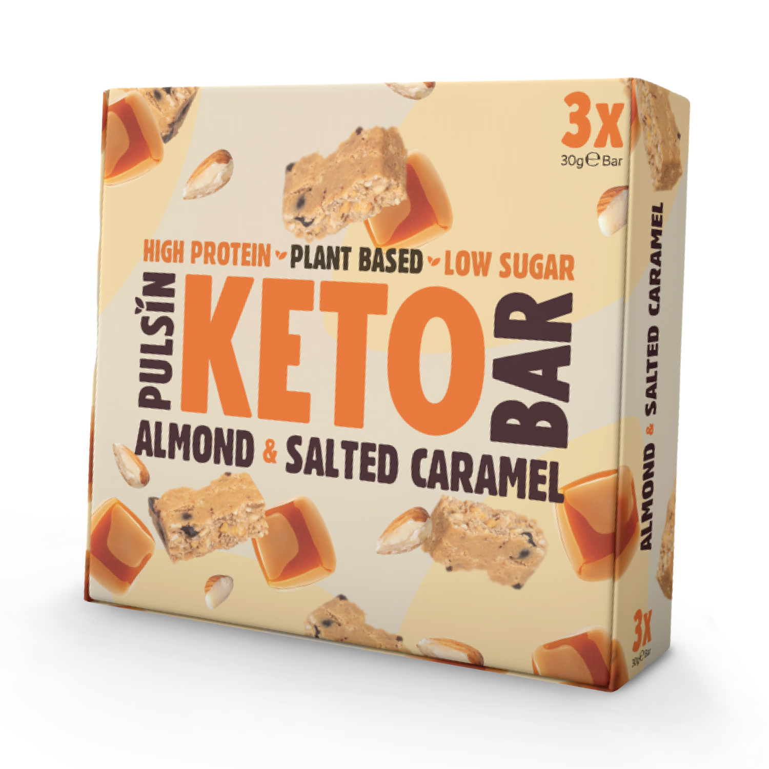 Pulsin almond and salted caramel keto bar 3-pack 90g, imported from the UK