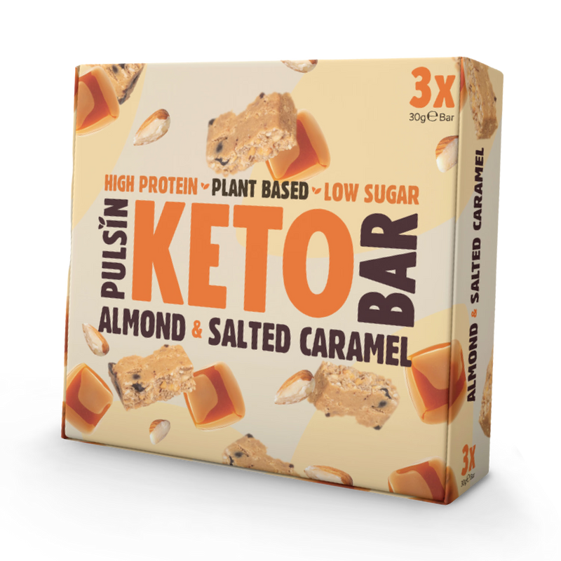 Pulsin almond and salted caramel keto bar 3-pack 90g, imported from the UK
