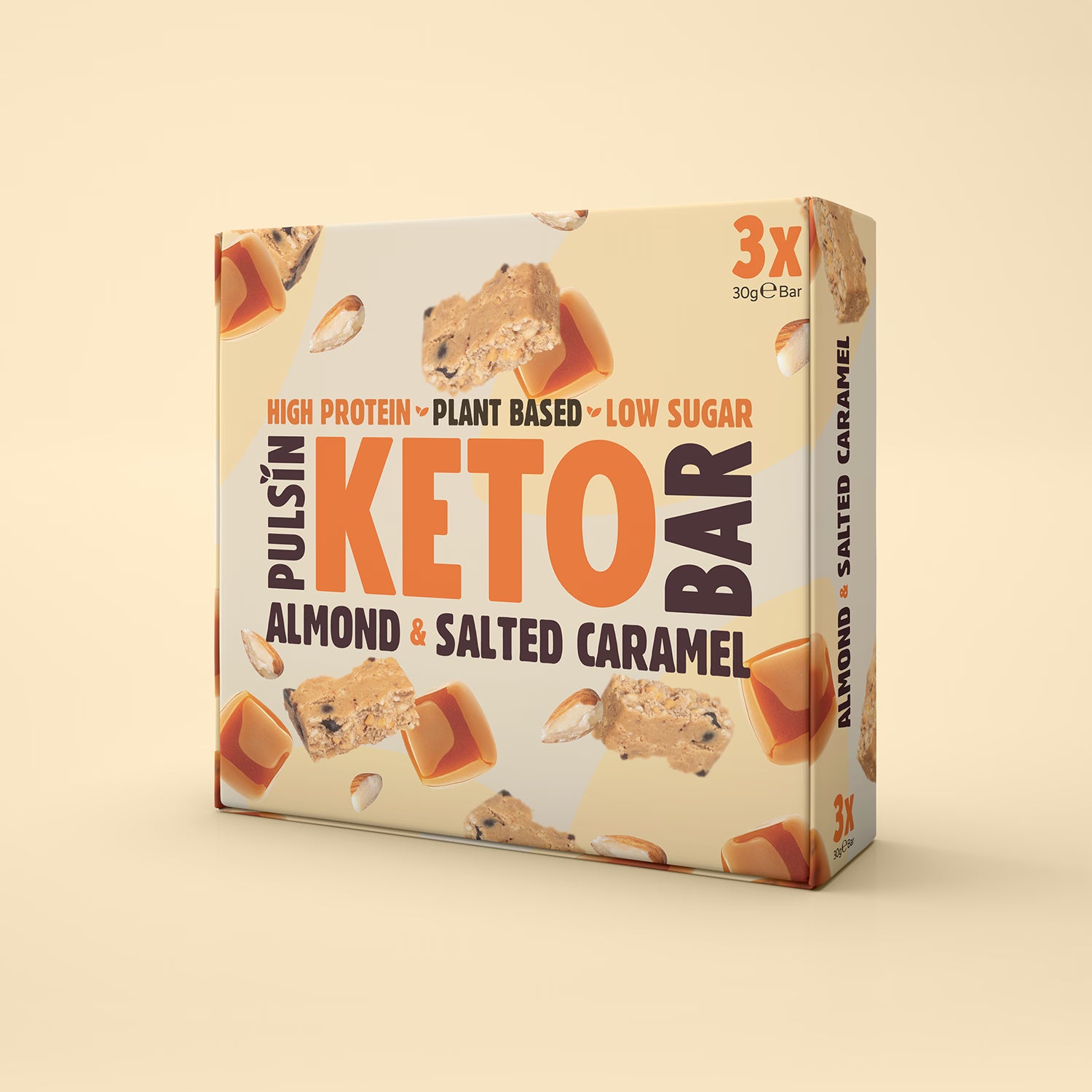 Pulsin almond and salted caramel keto bar 3-pack 90g, imported from the UK