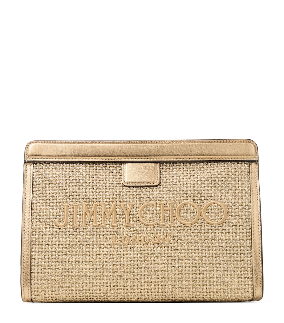 Jimmy Choo raffia leather-trim Avenue pouch, UK version