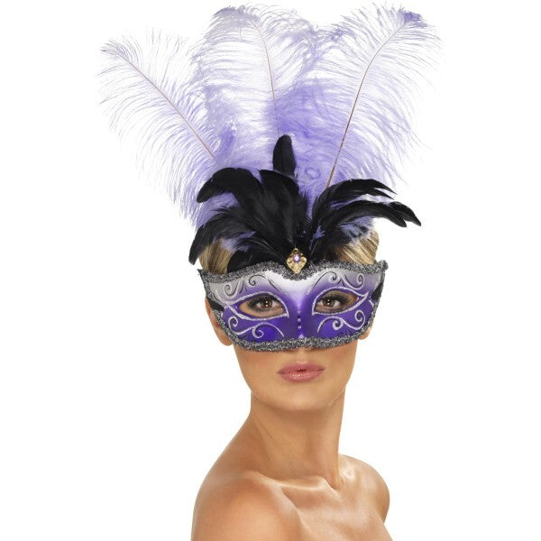 Smiffys Venetian Colombina eyemask with multicolour plume, imported from the UK