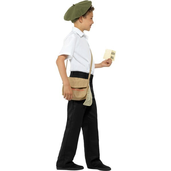 Smiffys evacuee costume kit brown with hat bag ration book - British product