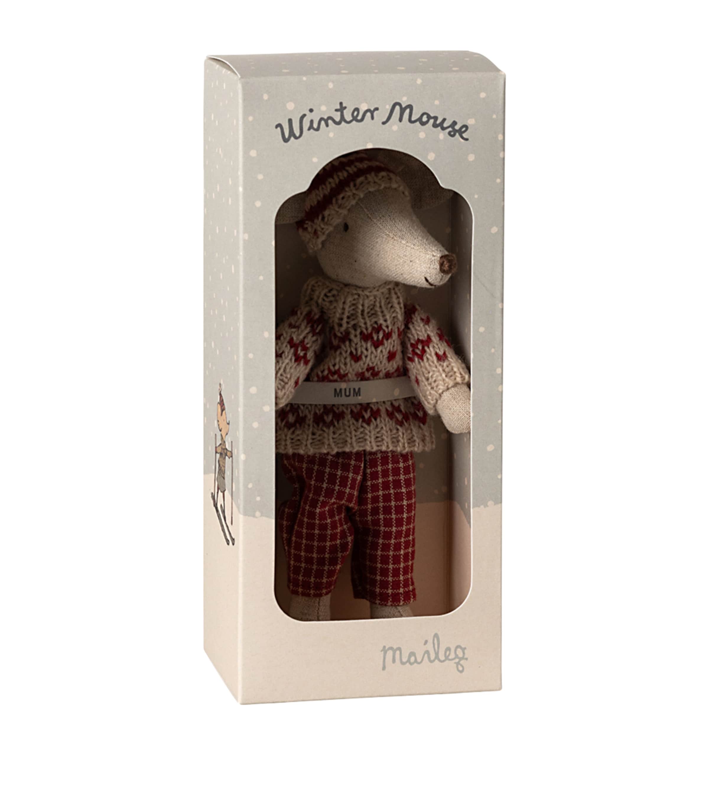 Maileg Winter Mouse Mum soft toy with skis 19cm, imported from the UK