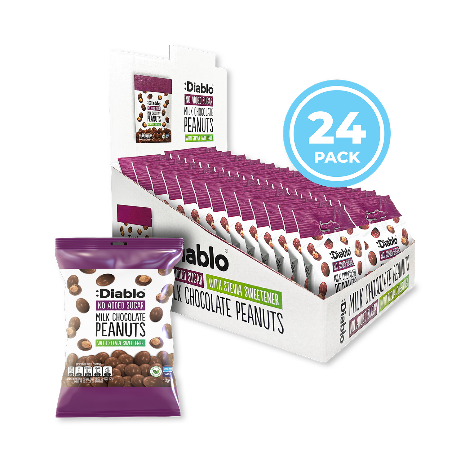 Diablo no added sugar milk chocolate peanuts 40g pack of 24 - British product