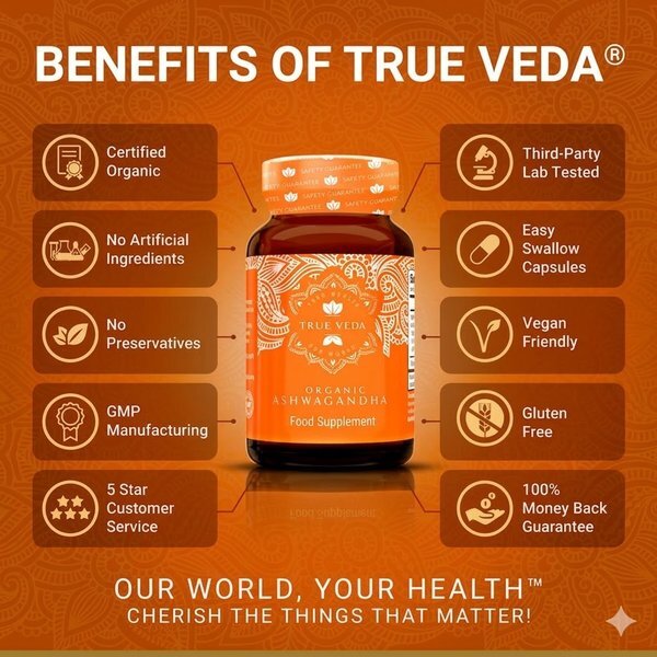 True Veda Organic Ashwagandha KSM-66 180 capsules - British product