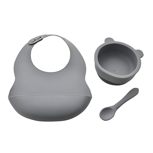 Bambino Silicone Feeding Set Bib, Bowl & Spoon Blue/Grey GOODS Superdrug   