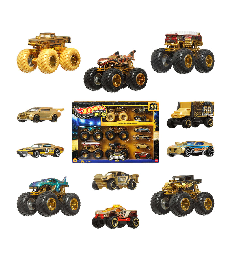 Hot Wheels monster trucks trophy champions collection with die-cast cars, UK version