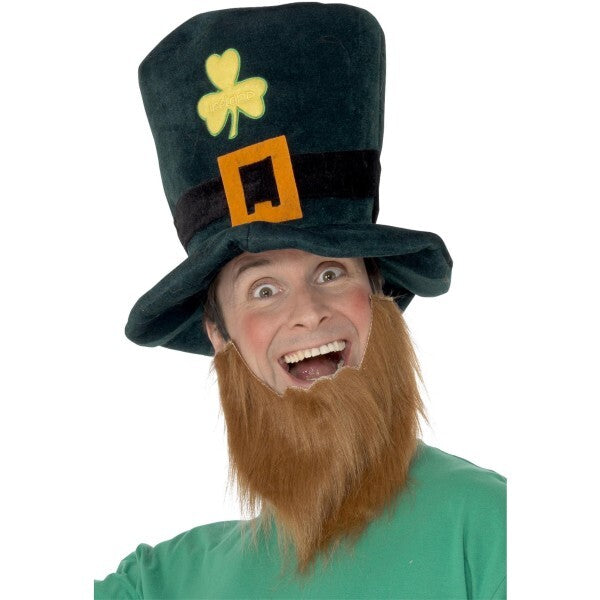Smiffys leprechaun hat with shamrocks and ginger beard (British brand)