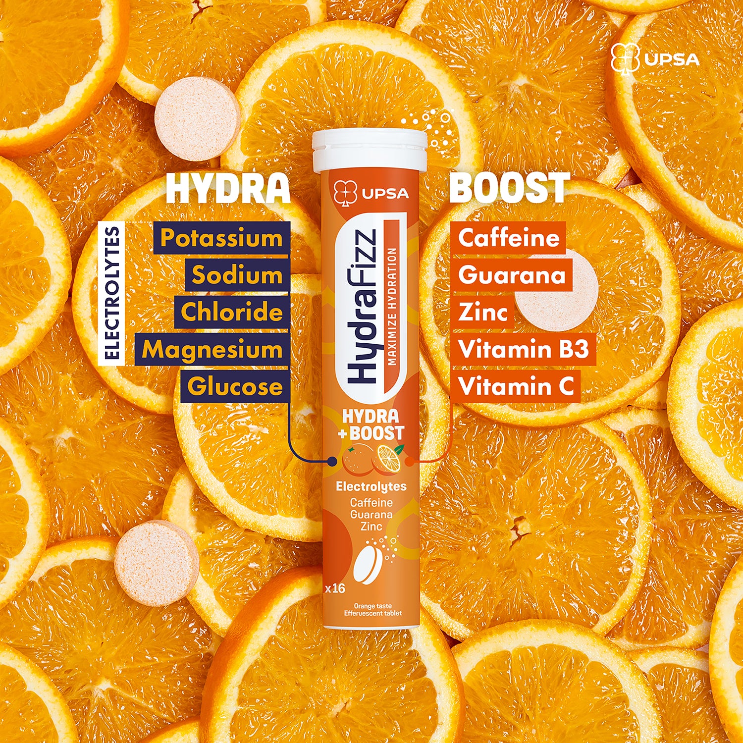 Hydrafizz Hydra + Boost effervescent supplement orange flavour, imported from the UK