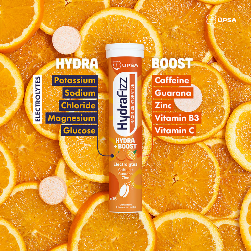 Hydrafizz Hydra + Boost effervescent supplement orange flavour, imported from the UK