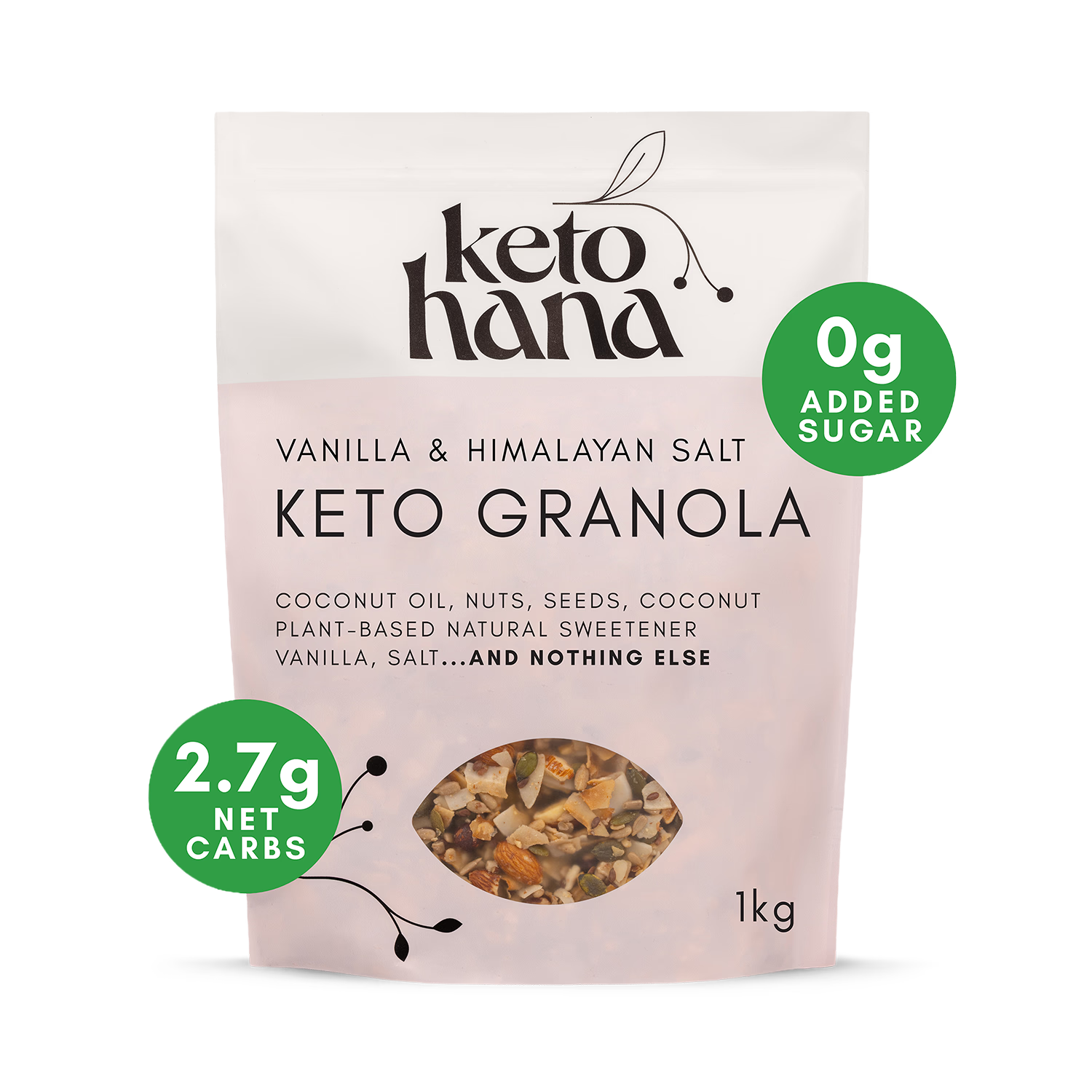 Keto Hana granola Vanilla & Pink Himalayan 1kg, UK version