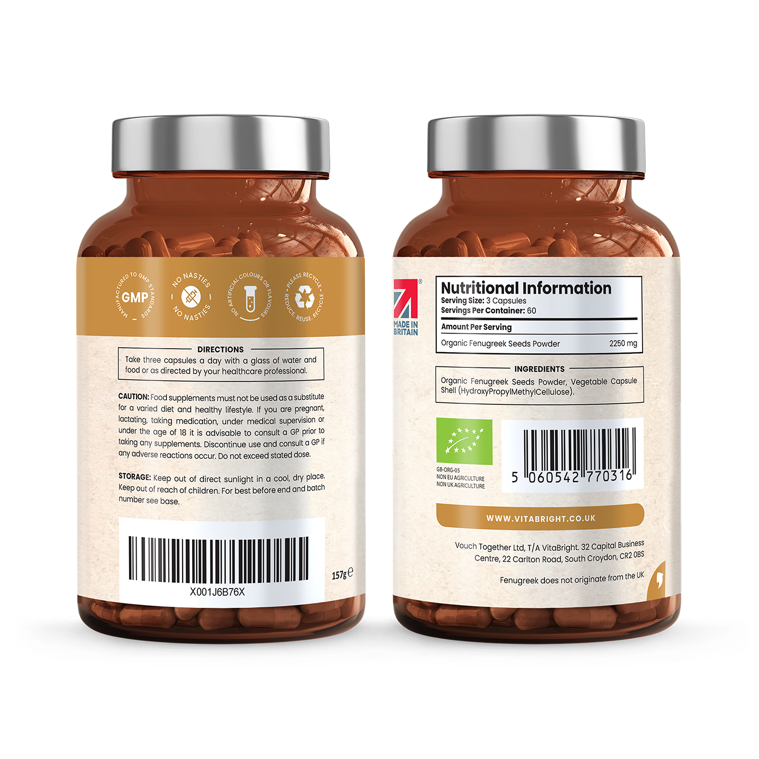 VitaBright organic fenugreek supplement 2250mg 180 capsules - British product