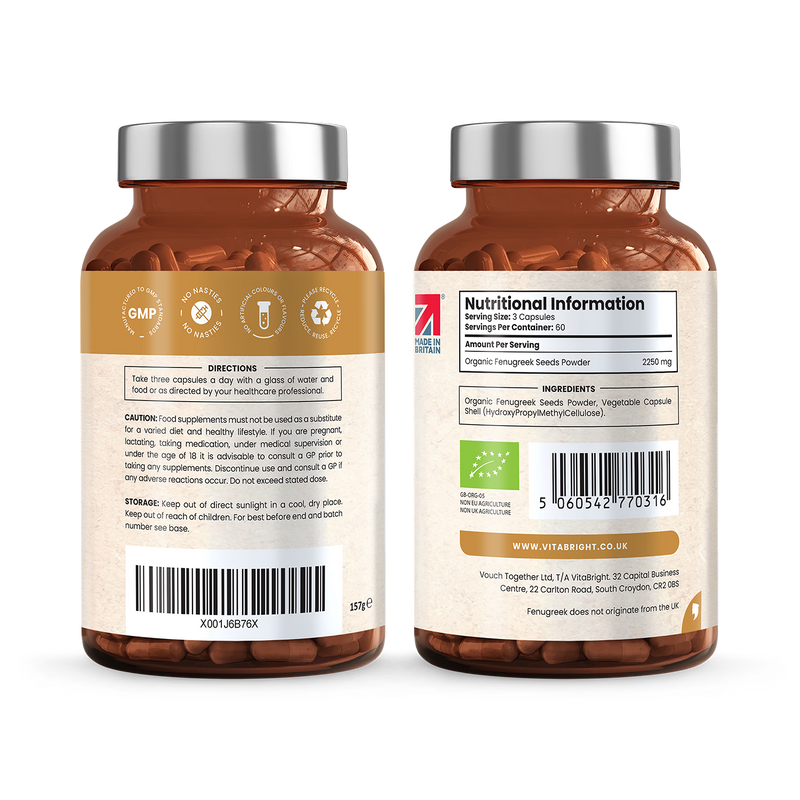 VitaBright organic fenugreek supplement 2250mg 180 capsules - British product