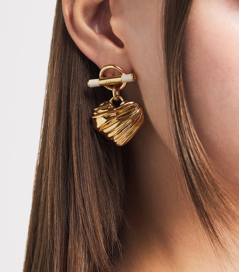 Chloé T-Bar Heart Drop Earrings in brass, UK version