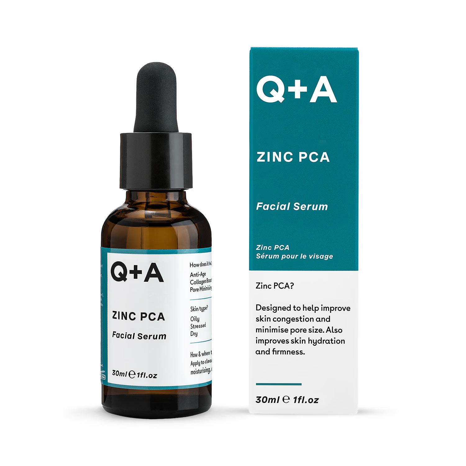 Q+A Zinc PCA Facial Serum 30ml, imported from the UK