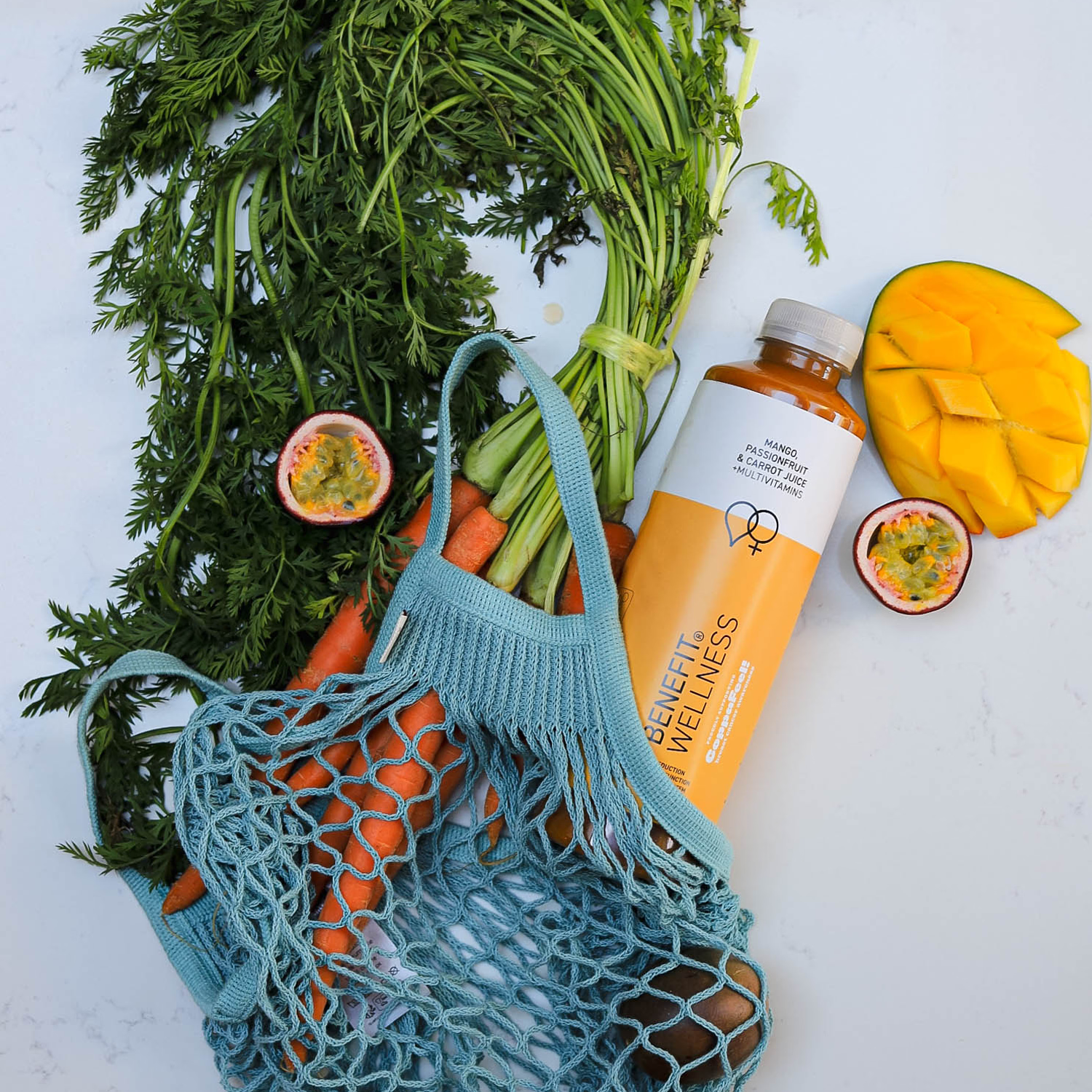 Benefit Wellness mango passion fruit carrot juice 900ml, imported from the UK