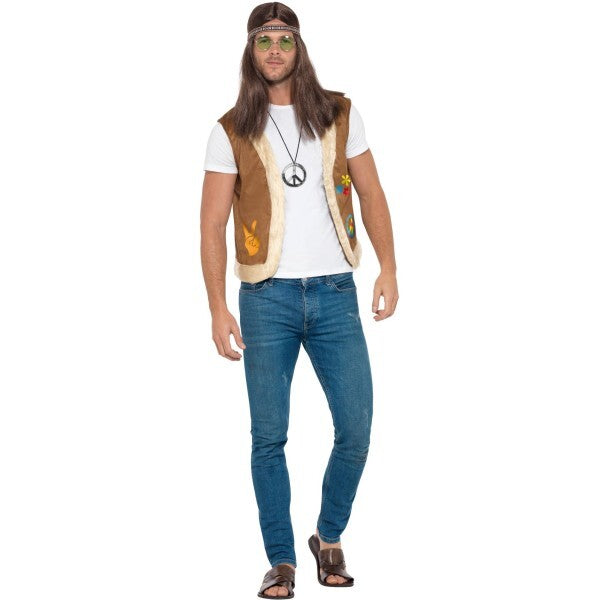 Smiffys hippie waistcoat, brown cnd print fur trim, imported from the UK