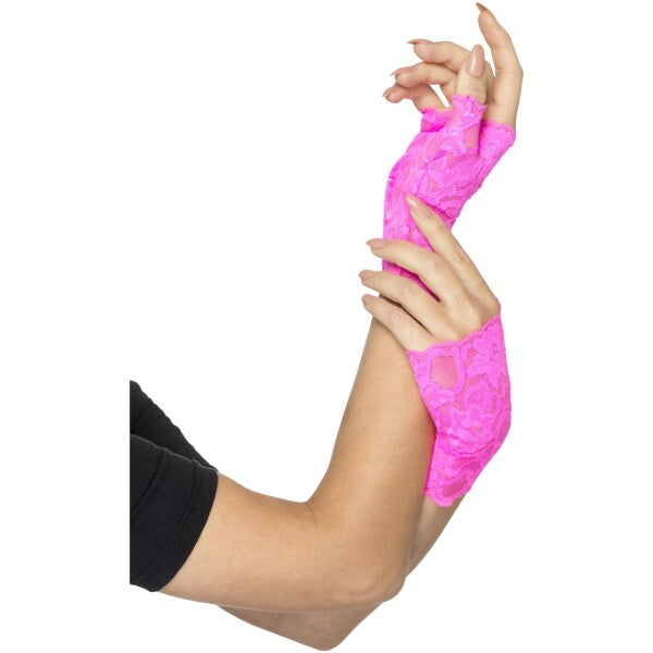 Smiffys 80s fingerless lace gloves neon pink, UK version