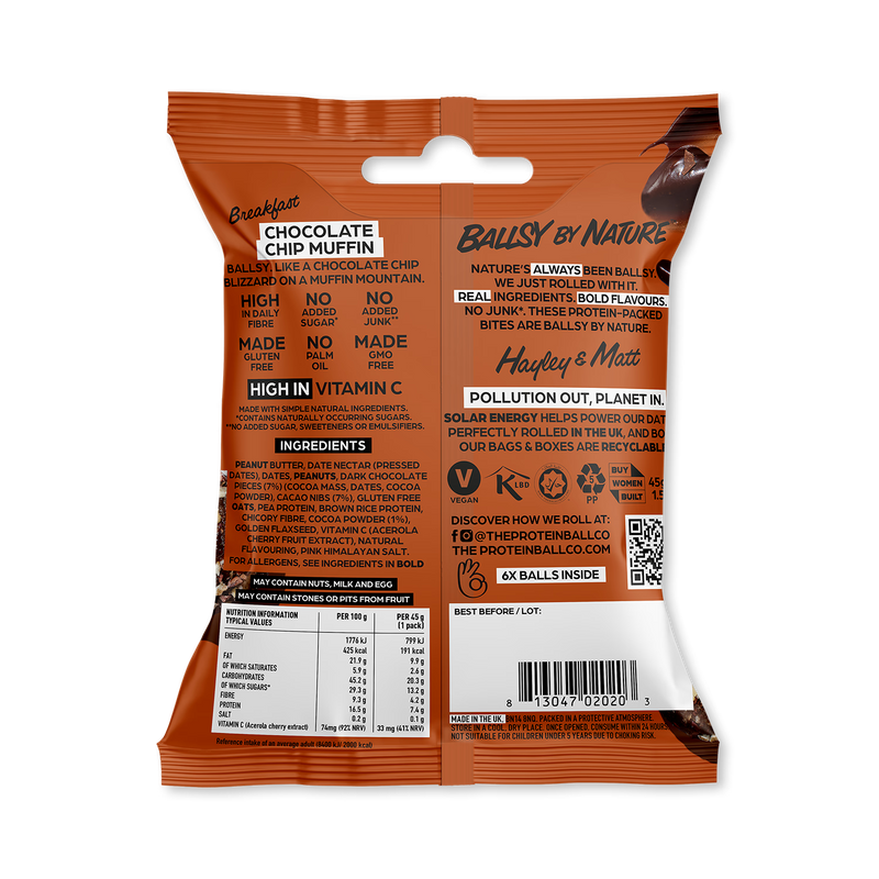 Ballsy chocolate chip muffin balls high fibre (British brand)