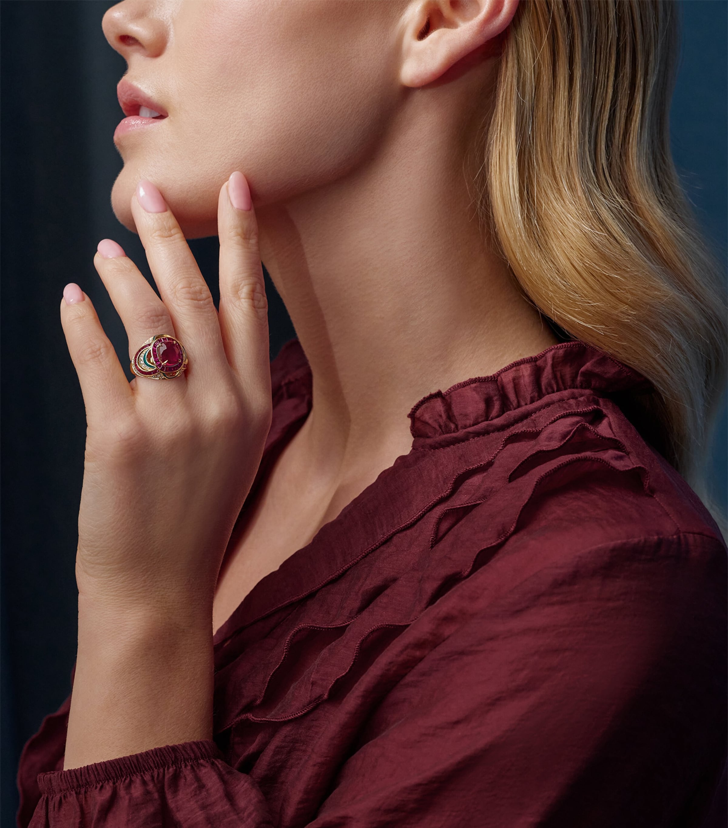 Boodles yellow gold diamond and ruby Palace ring - British product