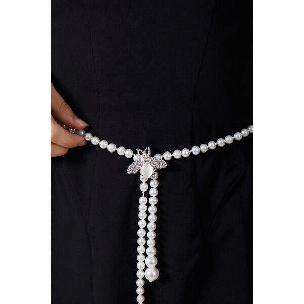 SVNX pearl chain belt in silver, 80-100cm (British brand)