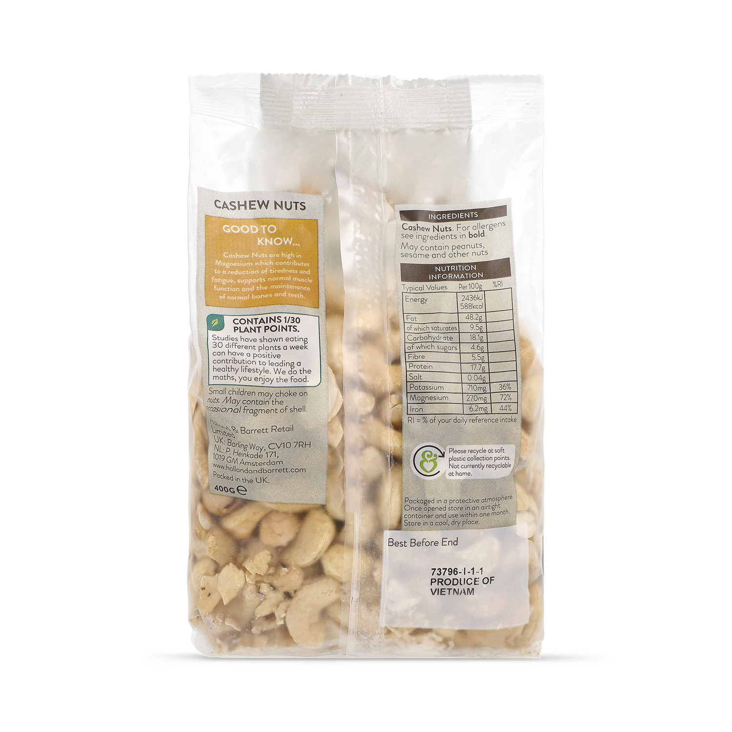 Holland & Barrett cashew nuts whole 400g, imported from the UK