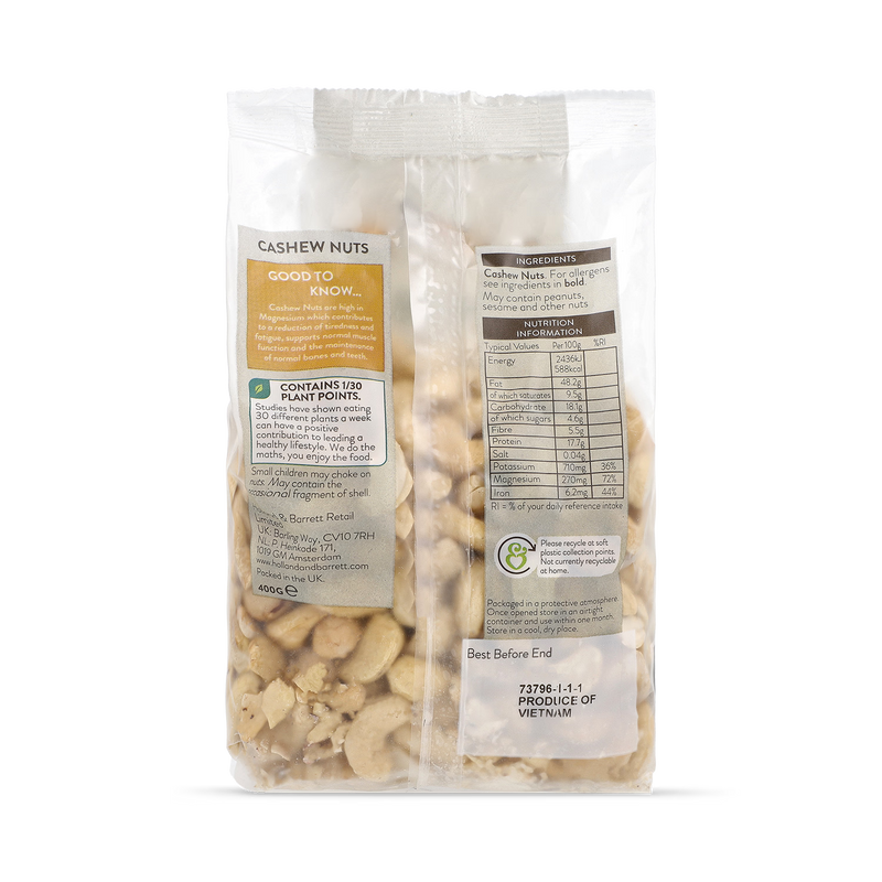 Holland & Barrett cashew nuts whole 400g, imported from the UK