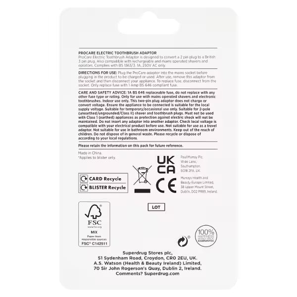 Superdrug ProCare power toothbrush adaptor (British brand)