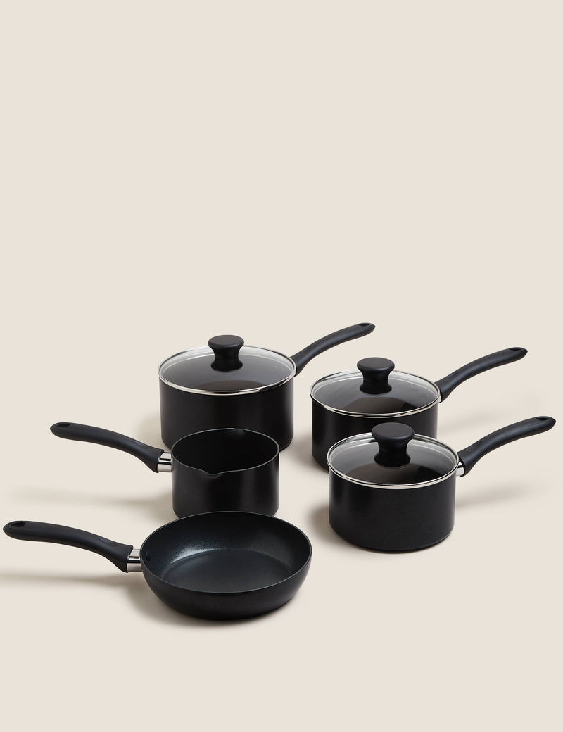 5 piece black aluminium non stick pan set, imported from the UK