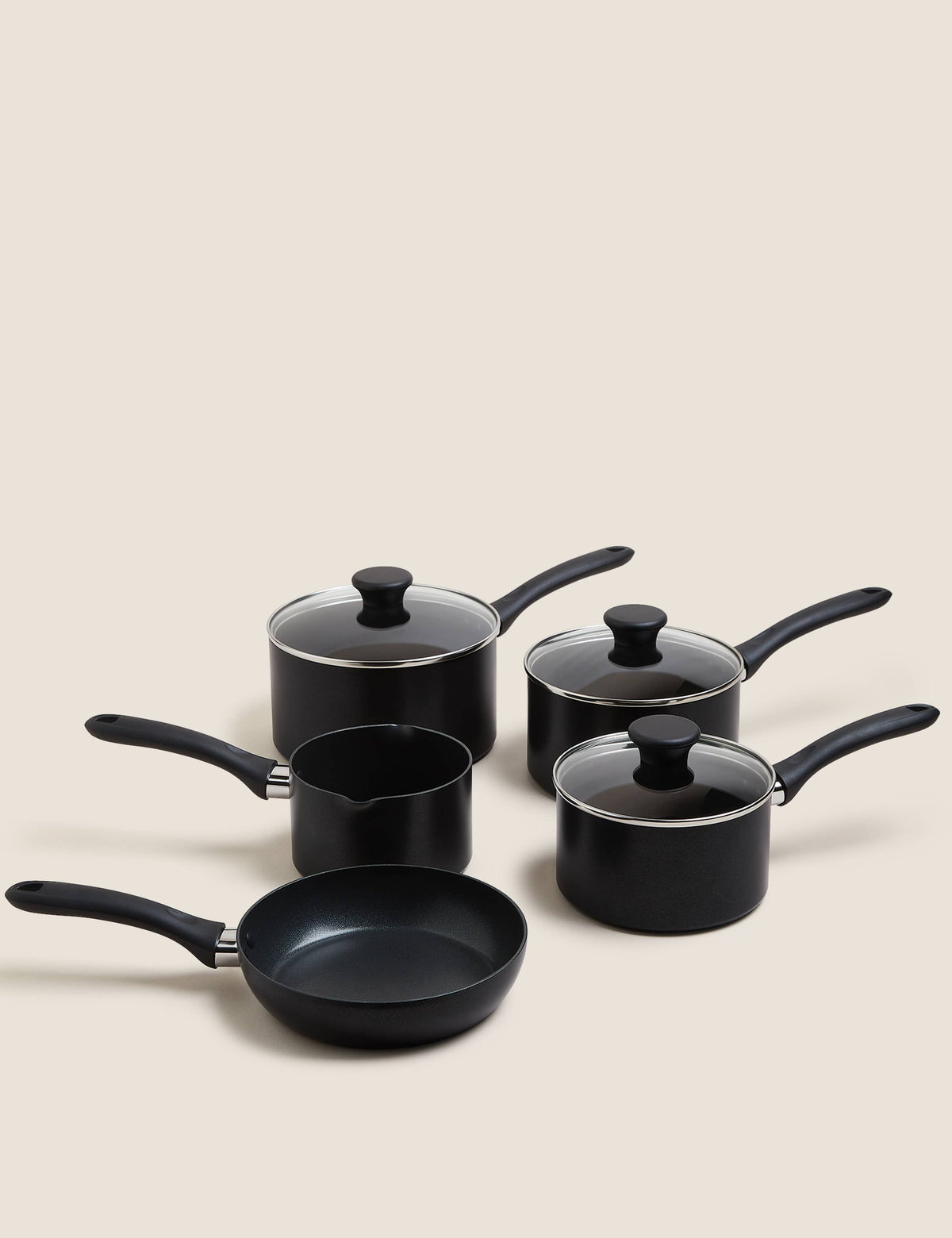 5 piece black aluminium non stick pan set, imported from the UK