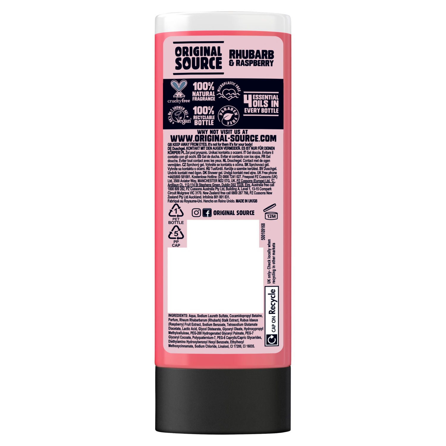 Original Source rhubarb and raspberry vegan shower gel 250ml, imported from the UK