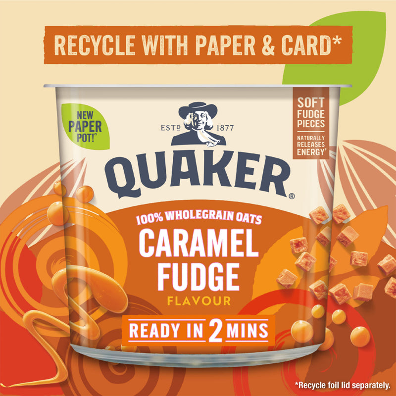 Quaker Caramel Fudge Porridge Pot 58g, imported from the UK
