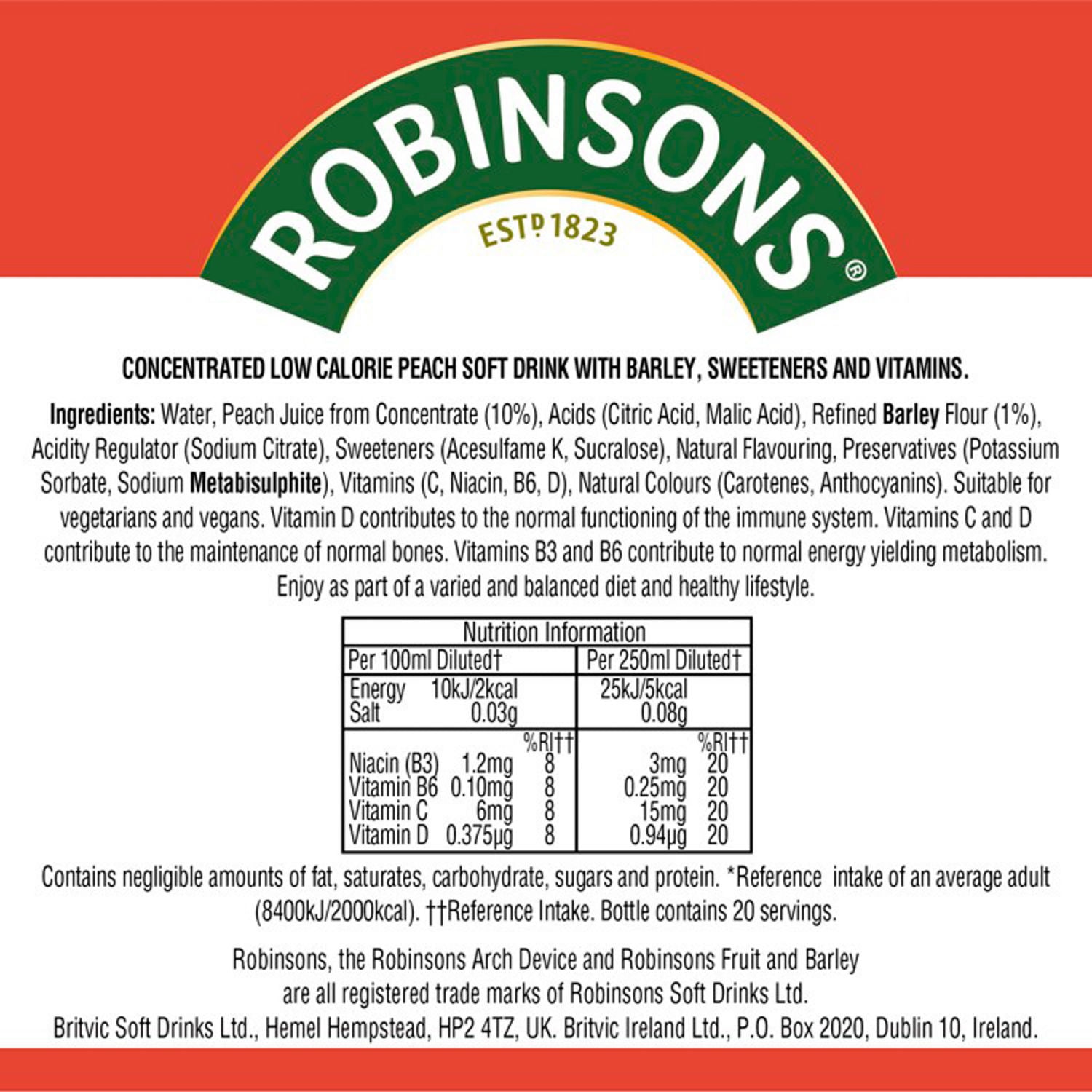 Robinsons peach squash concentrate 1L, imported from the UK